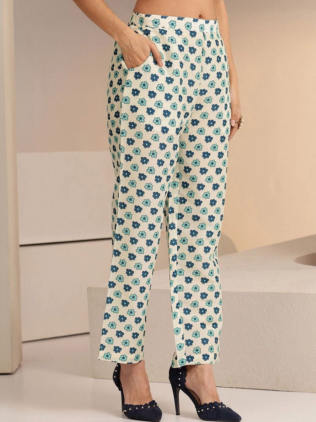 Ivory Floral Printed Straight Cotton Blend Suit Set