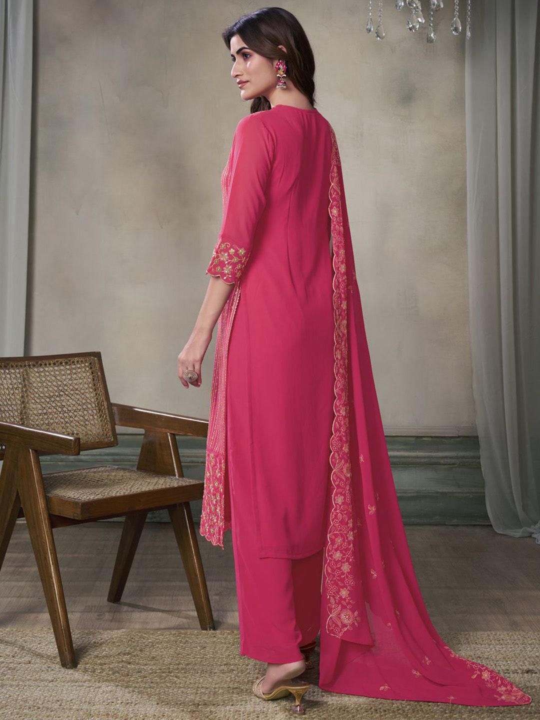 Dhiyona IN Floral Embroidered Sequinned Straight Kurta With Palazzos & Dupatta
