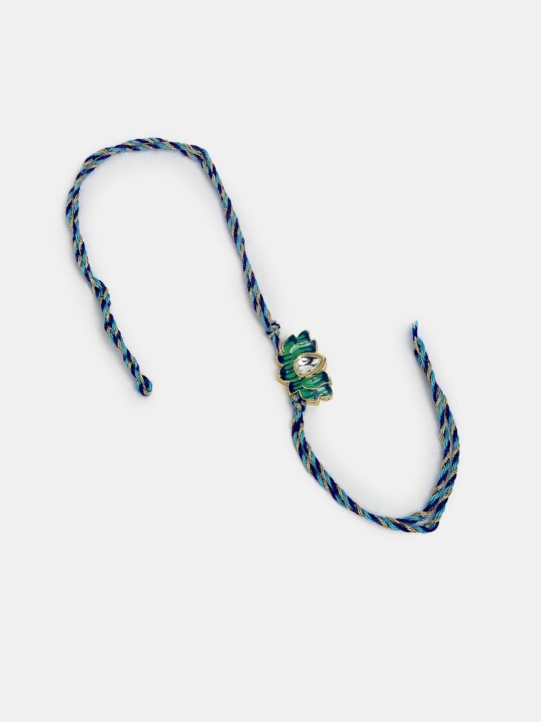 Dhiyona Unisex Set Of 2 Turquoise Blue Lotus Shape Kundan-Studded Handcrafted Rakhi Set
