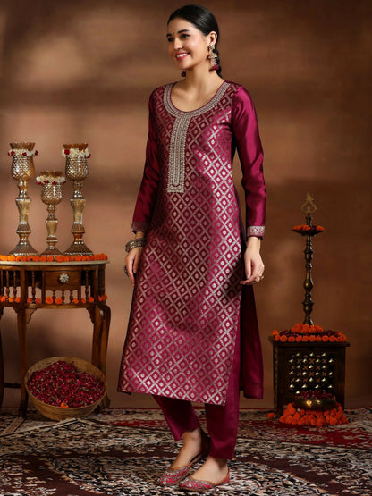 Women's LB Magenta Woven Design Silk Blend Straight Suit With Dupatta