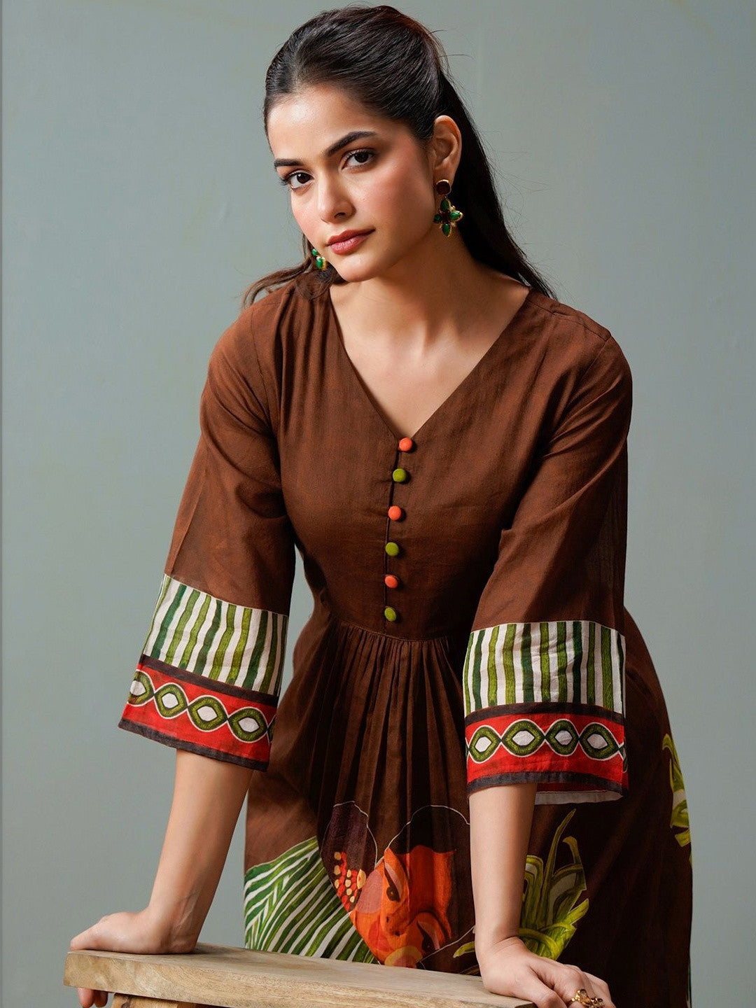 Brown Printed A-line Kurta Trousers Set