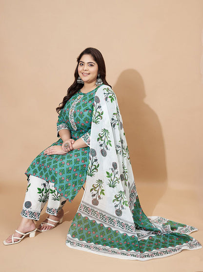 Dhiyona KL Floral Printed Pure Cotton Straight Kurta With Palazzos And Dupatta