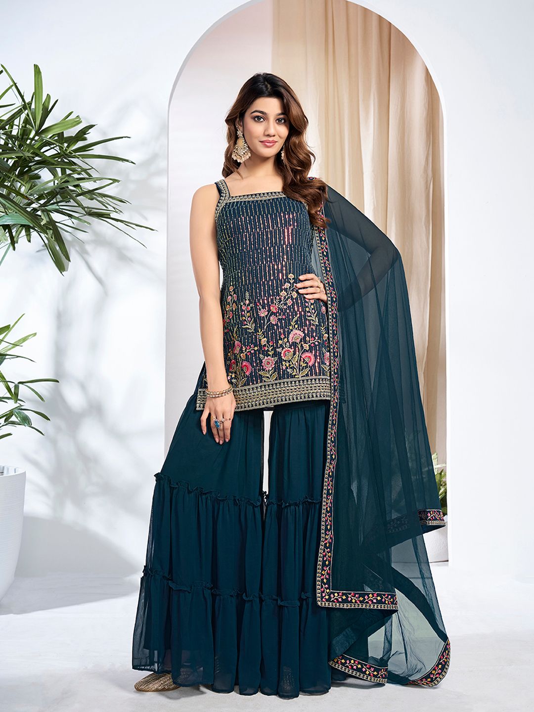 Dhiyona IN Women Floral Embroidered Regular Thread Work Kurta with Sharara & With Dupatta