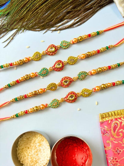 Dhiyona Unisex 4 Pieces Thread & Beaded Wraparound Rakhis