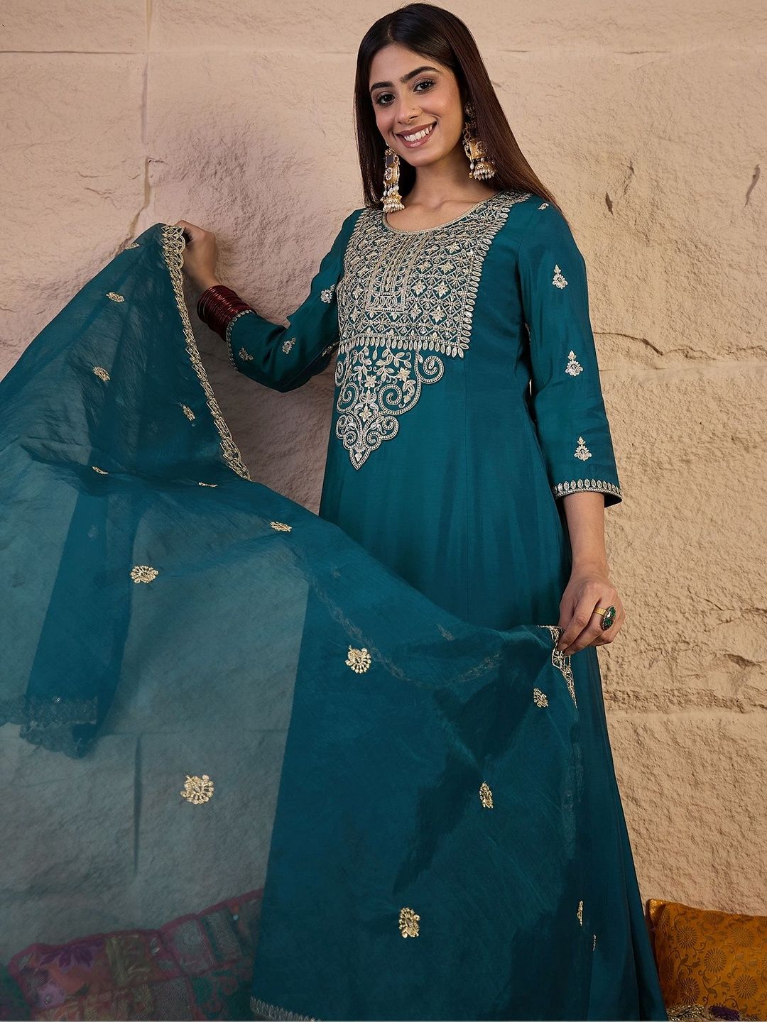Dhiyona IN Women Ethnic Motifs Embroidered Panelled Thread Work Kurta with Palazzos & With Dupatta