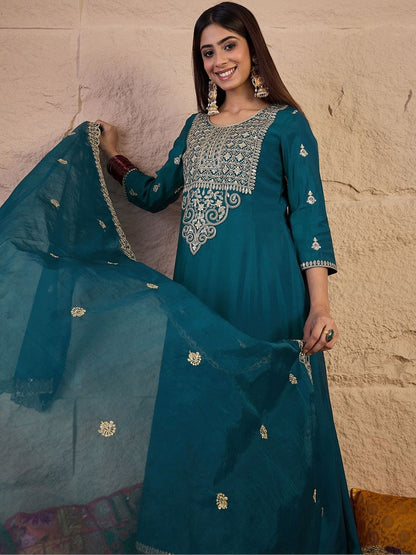 Dhiyona IN Women Ethnic Motifs Embroidered Panelled Thread Work Kurta with Palazzos & With Dupatta