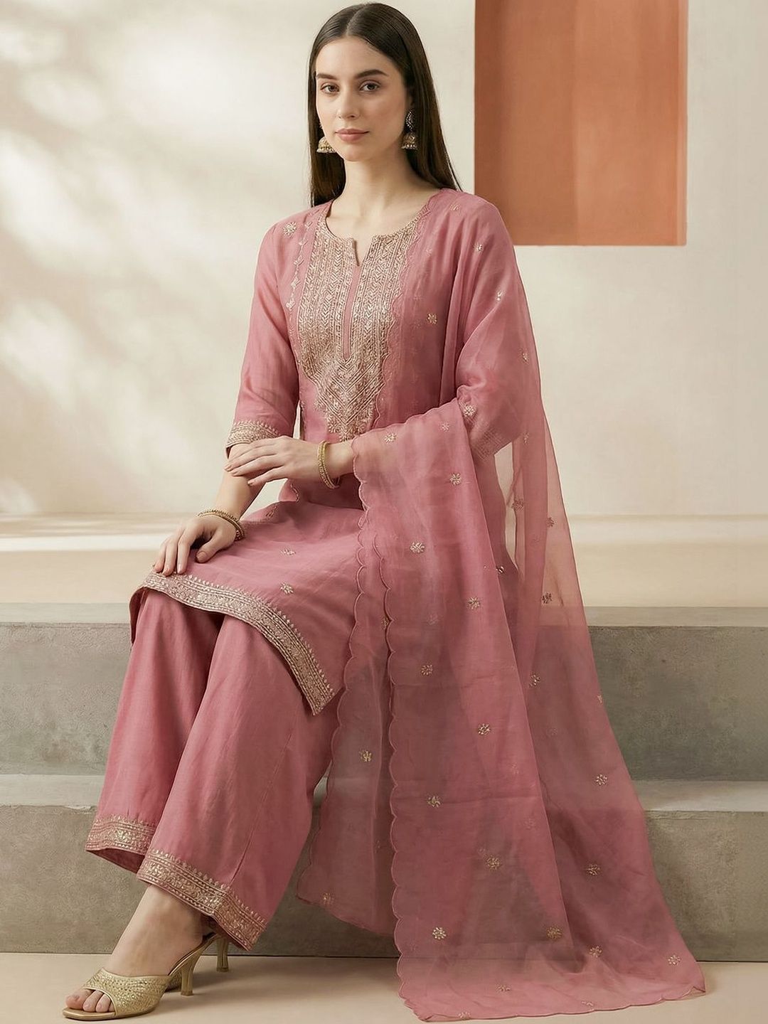 Dhiyona IE Women Ethnic Motifs Embroidered Thread Work Kurta with Palazzos & With Dupatta