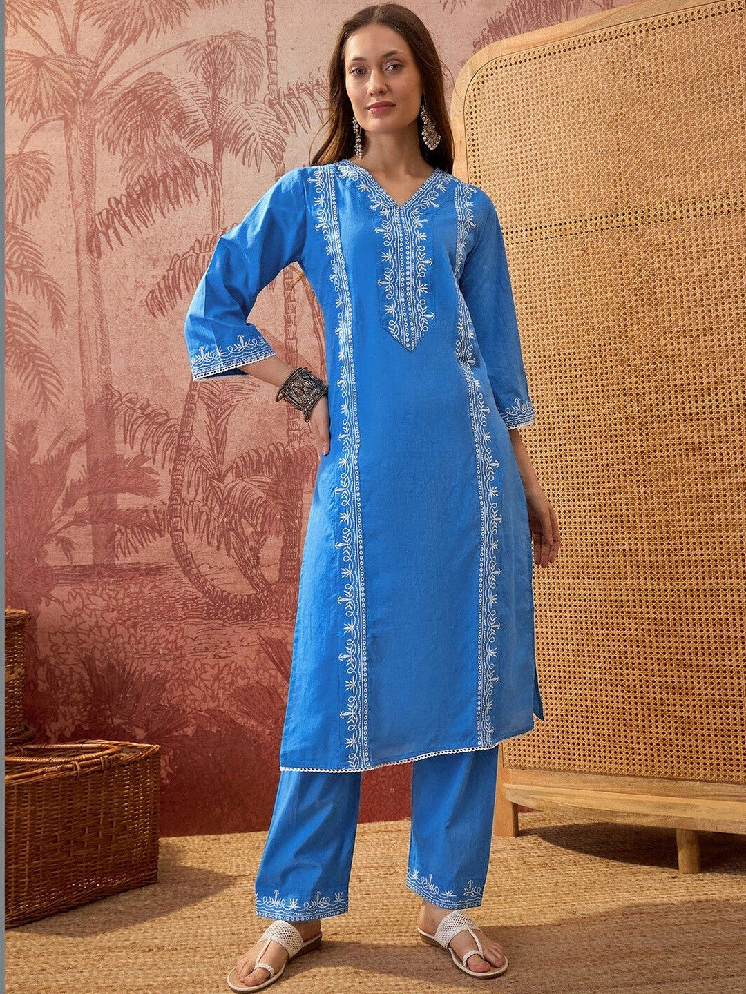 Embroidered Pure Cotton V-Neck Kurta & Trousers With Printed Dupatta