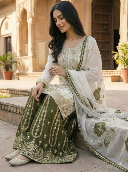 Dhiyona KL Women Ethnic Motifs Embroidered Regular Sequinned Kurta with Sharara & With Dupatta