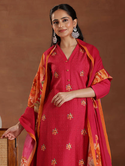 Women's LB Pink Embroidered Cotton Straight Suit With Dupatta