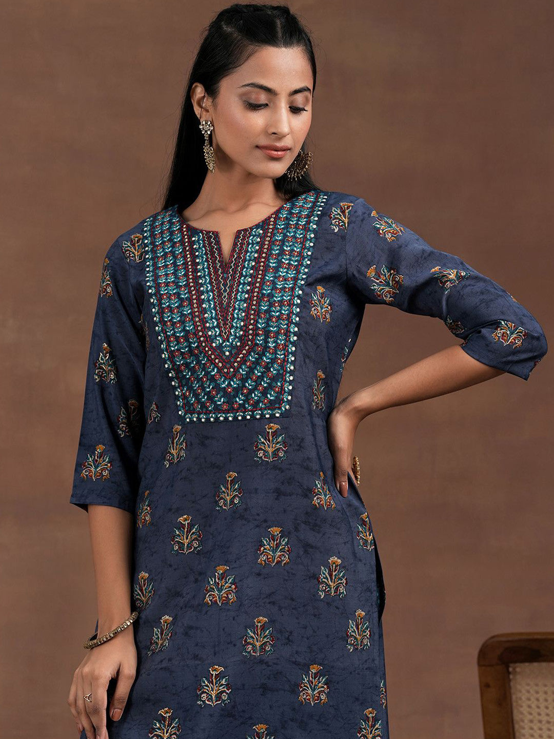 Floral Printed Thread Work Straight Kurta With Palazzos & Dupatta