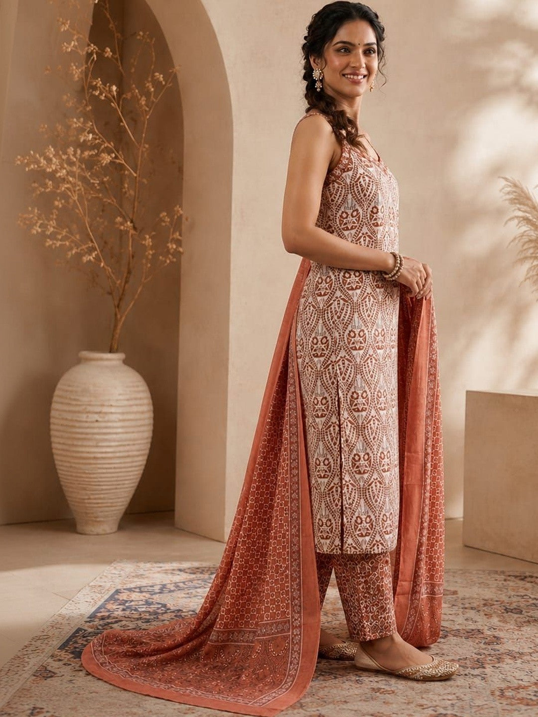 Women Ethnic Motifs Printed Regular Pure Cotton Kurta with Trousers & With Dupatta