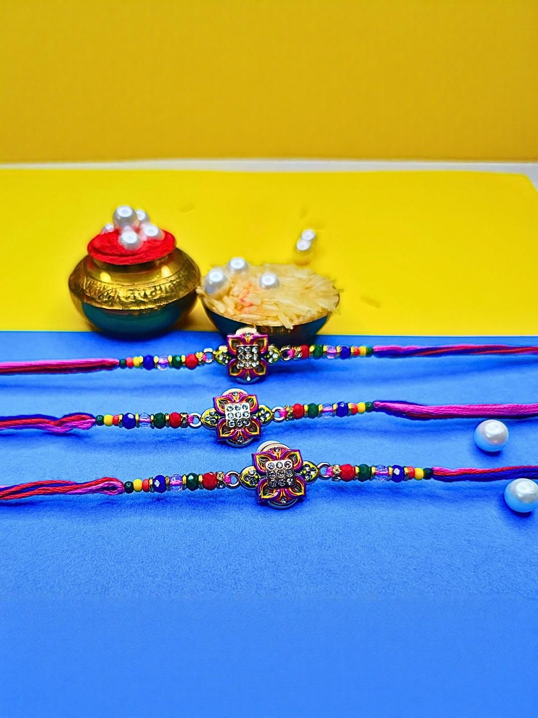 Dhiyona Set Of 3 Beaded Cotton Thread with AD Stones & Meenakari Designer Rakhi for Brother