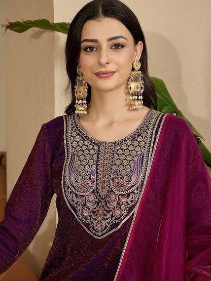 Ethnic Motifs Yoke Design Sequinned Straight Kurta With Trouser & Dupatta