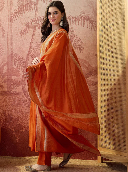 Embroidered Round Neck Kurta & Trousers With Dupatta
