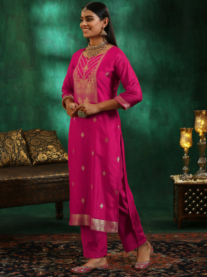 Women's LB Pink Woven Design Silk Blend Straight Suit With Dupatta