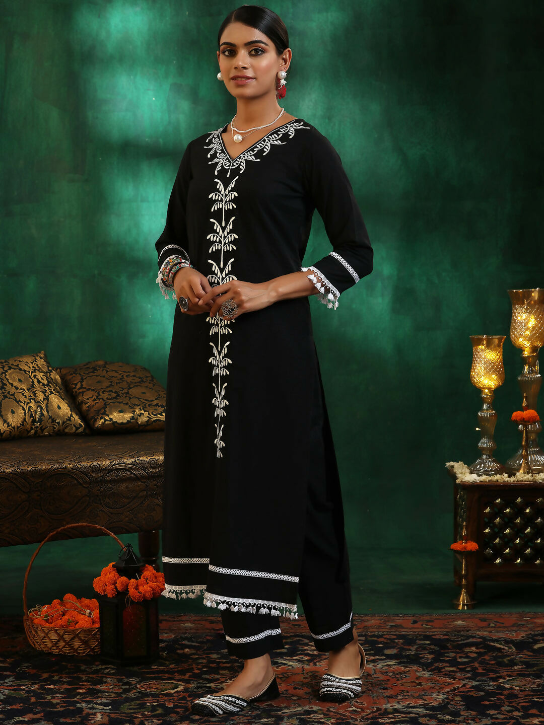 Women's LB Black Embroidered Cotton Straight Suit With Dupatta