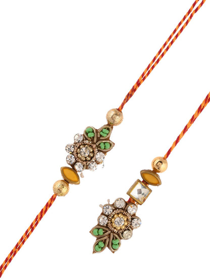 Dhiyona Kundan Studded Floral Bhaiya Bhabhi Thread Rakhi With Roli Chawal & Greetings Card