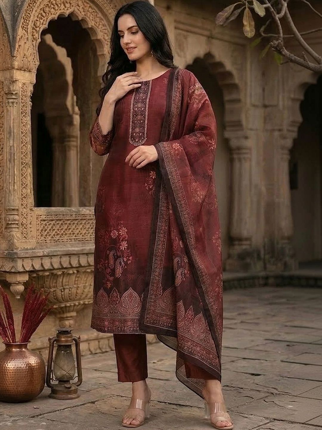 Maroon Floral Printed Sequinned Chanderi Silk Kurta With Trousers & Dupatta