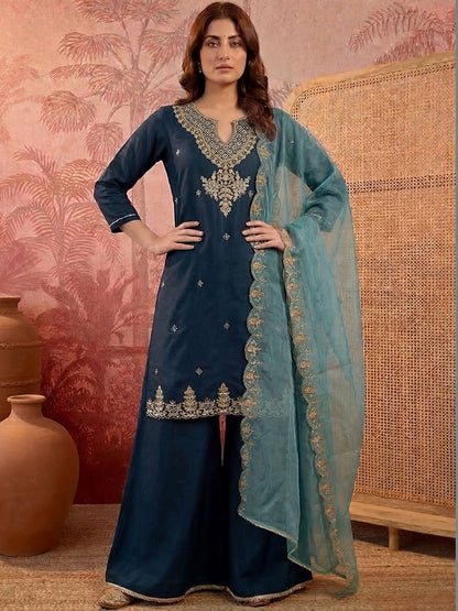 Embroidered Round Neck Kurta & Palazzos With Dupatta