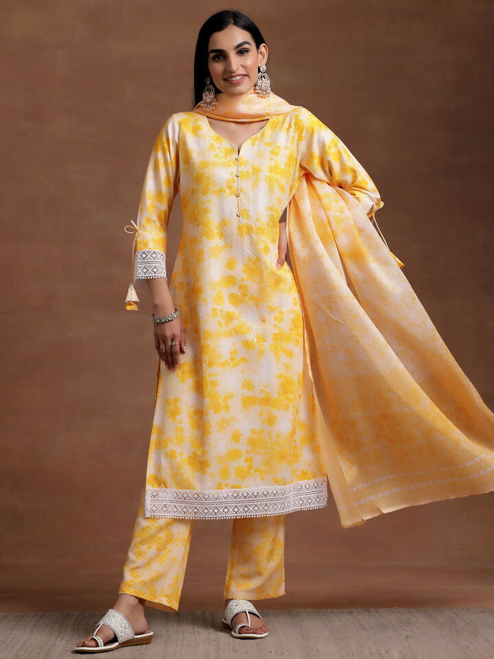 Women's LB Yellow Embroidered Cotton Blend Straight Suit With Dupatta