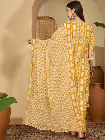 Women's Yellow & White Geometric Printed Kurta Dupatta Set