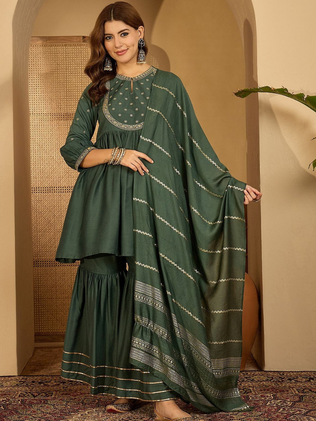 Embroidered Round Neck Kurta Sets With Dupatta