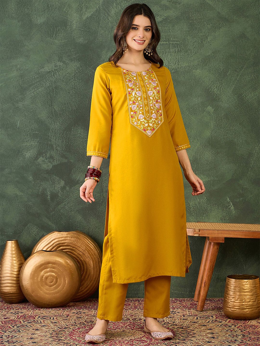 Dhiyona KL Floral Embroidered Straight Kurta With Trousers & Dupatta