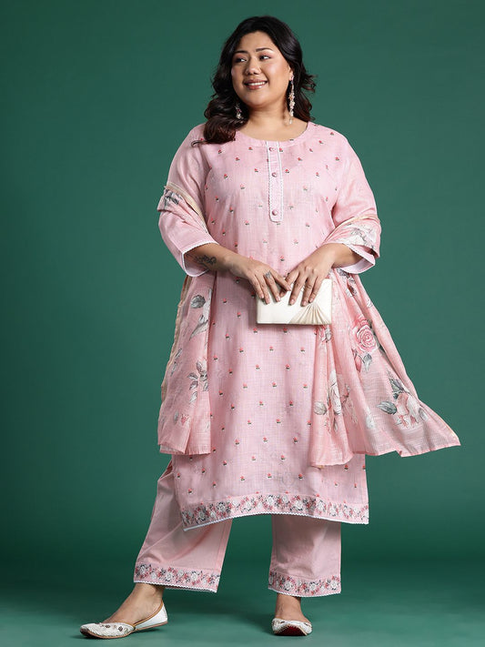 Dhiyona Women's Pink Embroidered Straight Kurta With Trousers & Dupatta