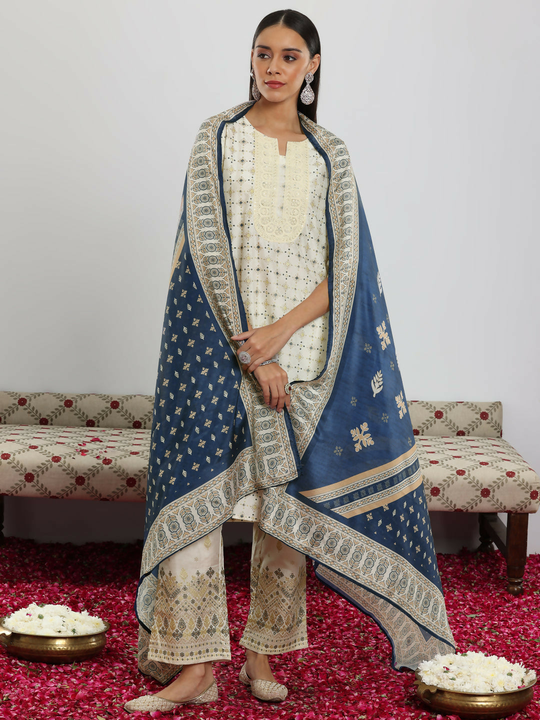 Women's LB Off White Printed Silk Blend Straight Suit With Dupatta