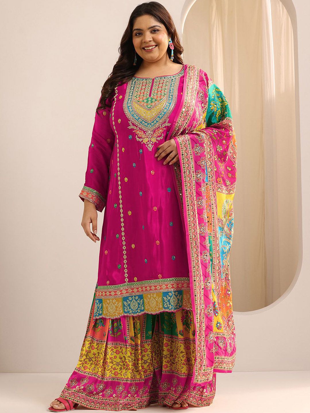 Dhiyona Women's Plus Size Ethnic Motifs Embroidered Kurta with Sharara & Dupatta
