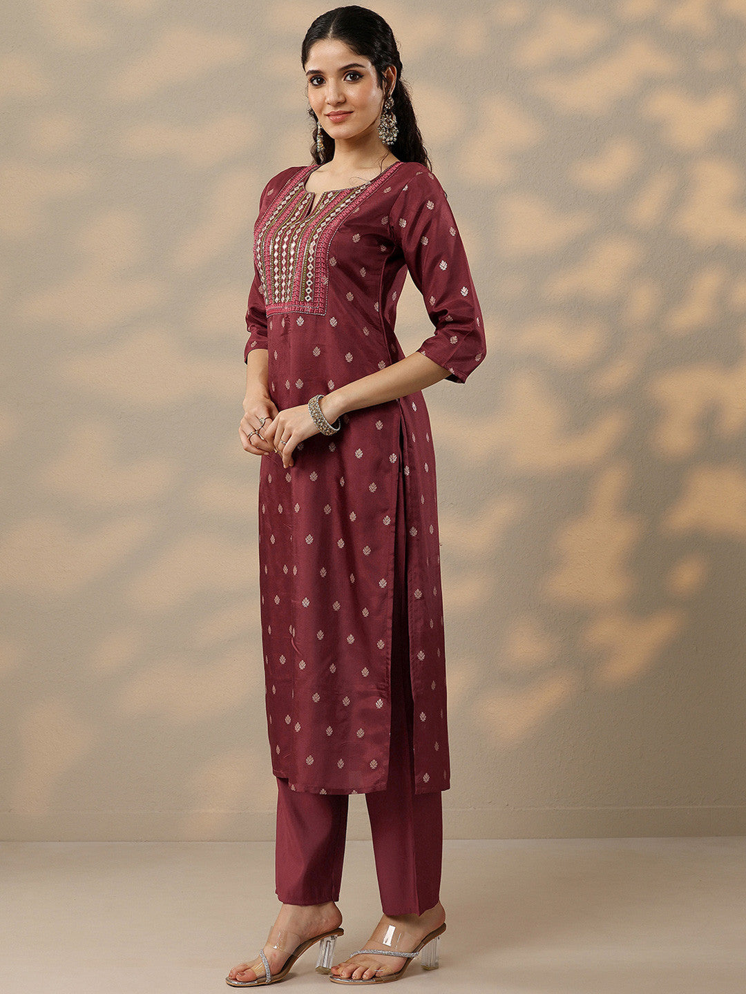 Ethnic Motifs Mirror Work Notch Neck Straight Kurta with Trousers & Dupatta