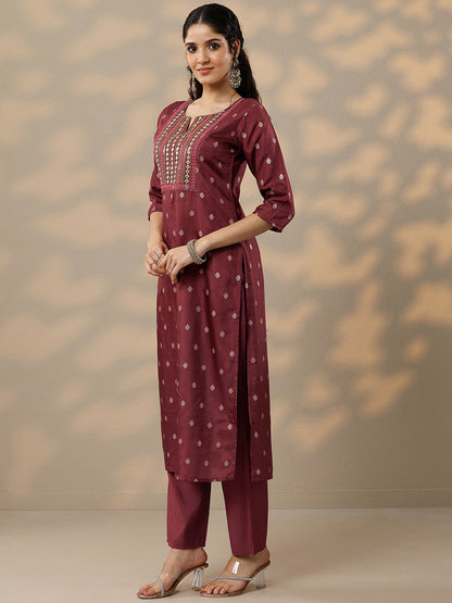 Ethnic Motifs Mirror Work Notch Neck Straight Kurta with Trousers & Dupatta