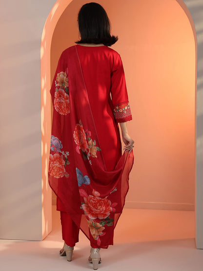 Women Woven Design Embroidered Kurta with Trousers & Dupatta