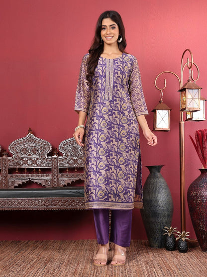 Purple Purple Floral Printed Beads and Stones Chanderi Silk Kurta with Trousers & Dupatta