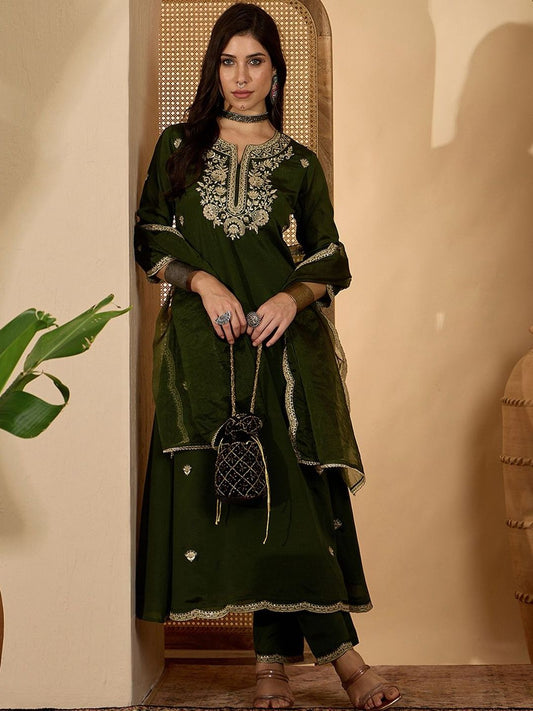 Dhiyona SN Sequence Embroidered A-Line Kurta Trousers With Dupatta