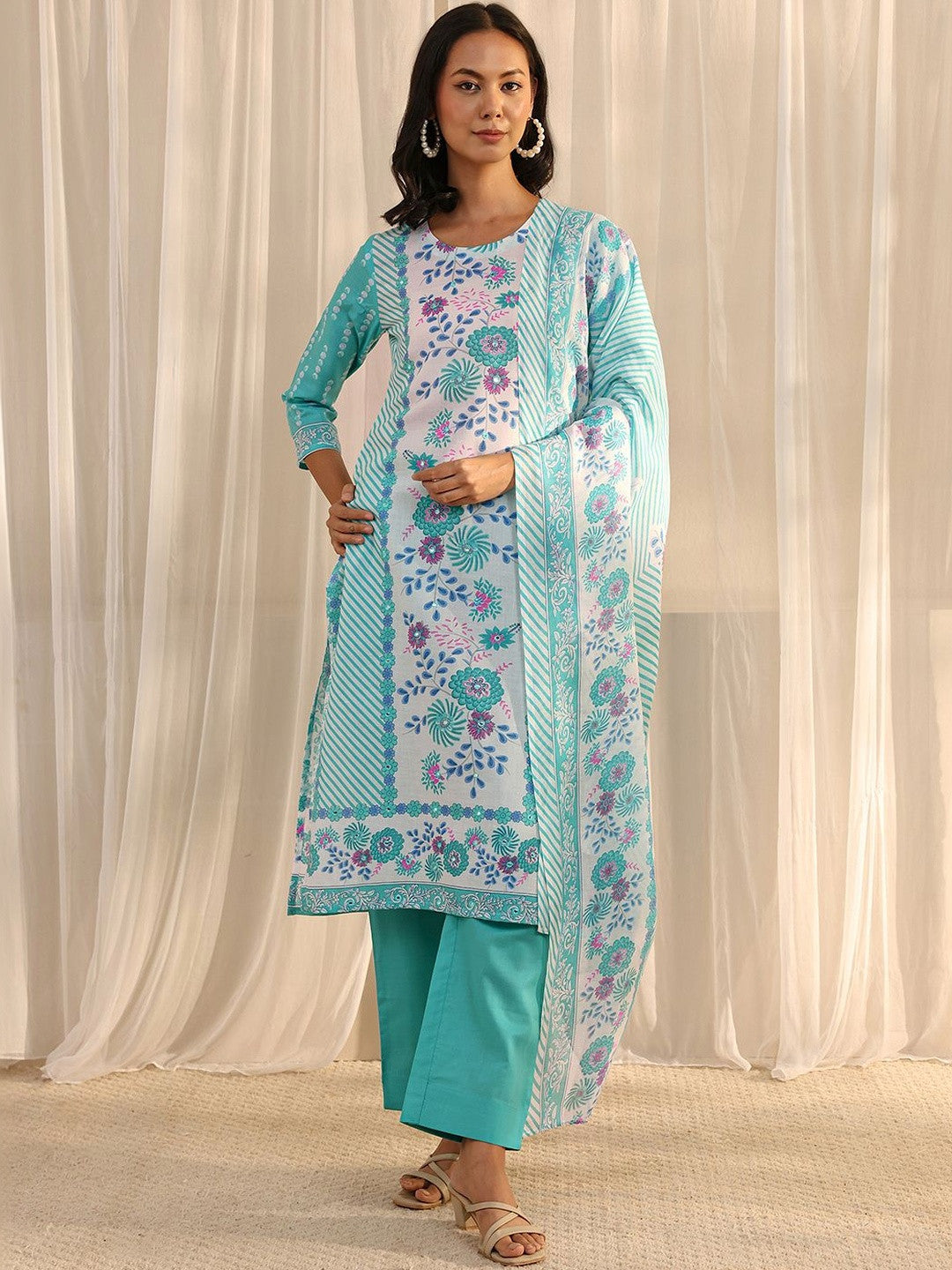 Libas Blue Floral Printed Straight Suit Set with Dupatta