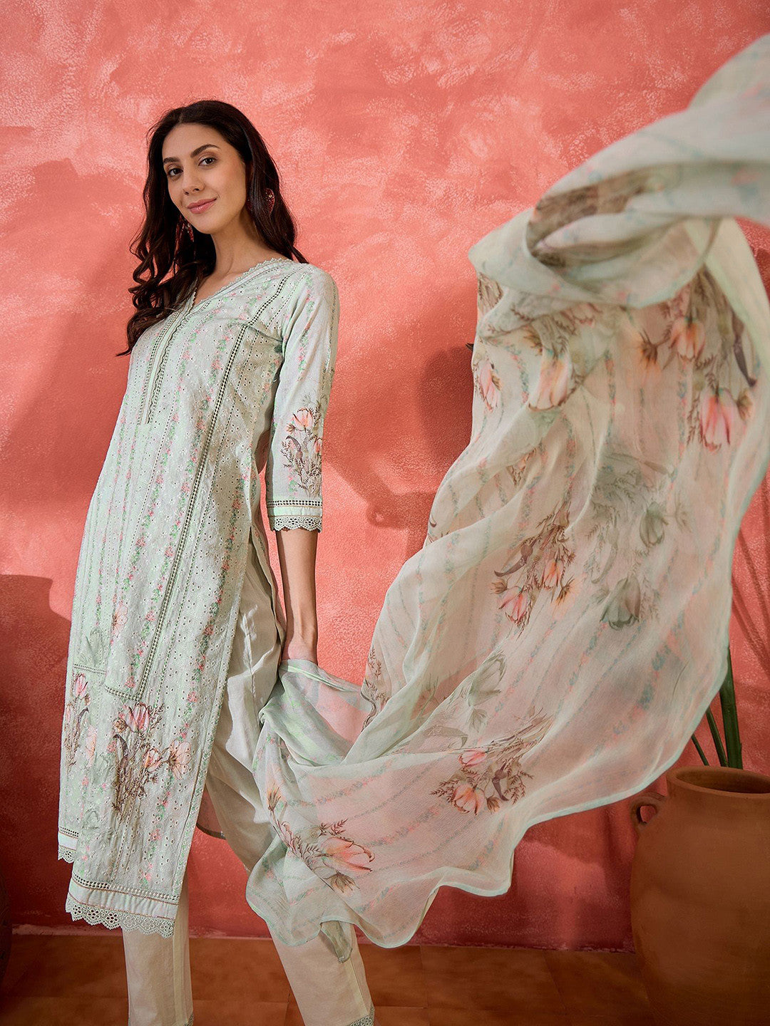 Floral Embroidered V Neck Chikenkari Pure Cotton Kurta With Trousers And Dupatta