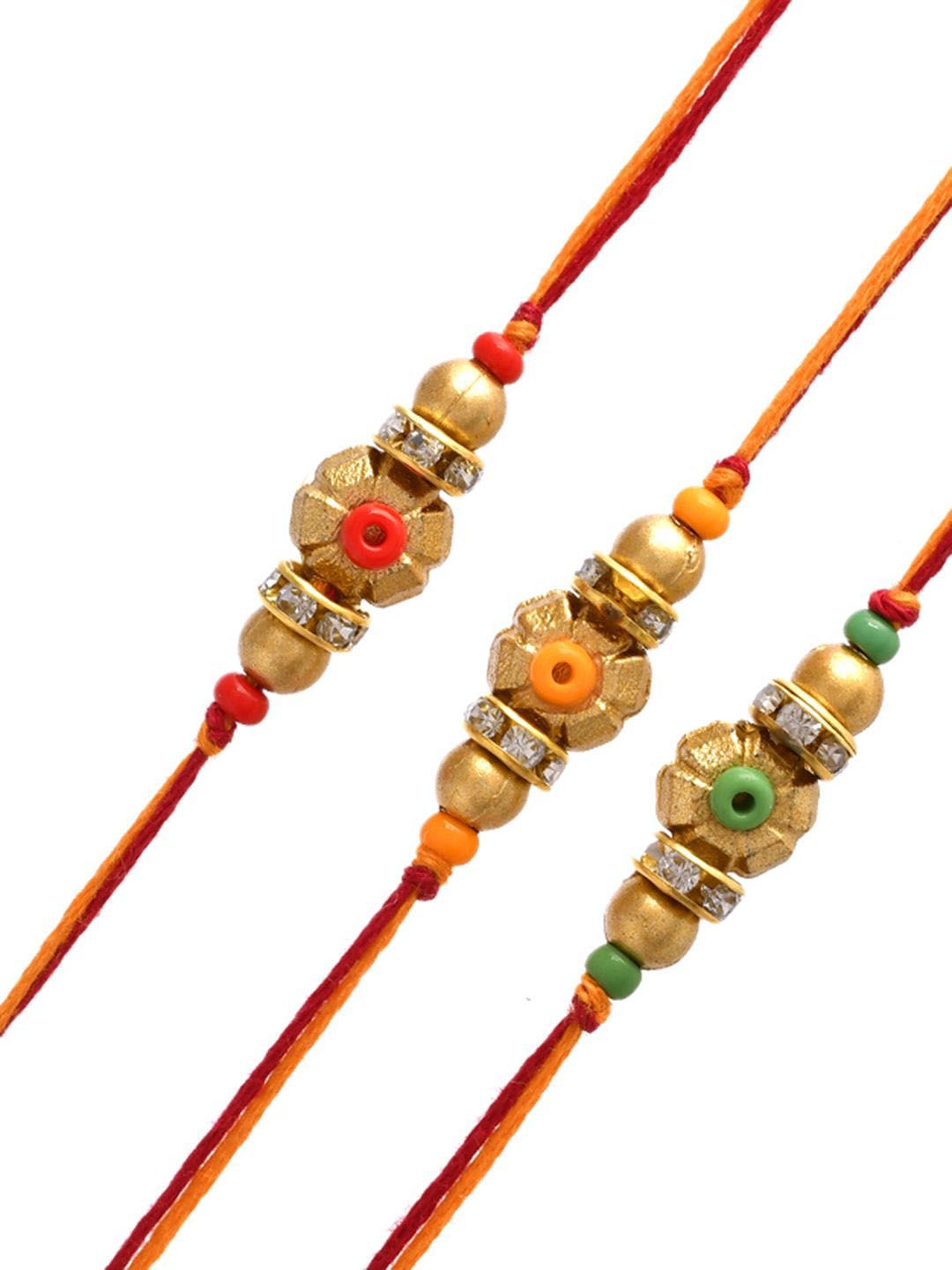 Dhiyona Set Of 3 Gold-Toned Beaded Rakhi With Roli Rice & Greeting Card