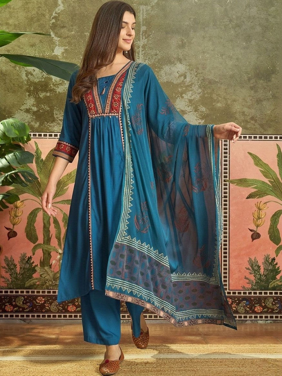 Dhiyona SN Square Neck A-Line Kurta & Palazzos With Dupatta