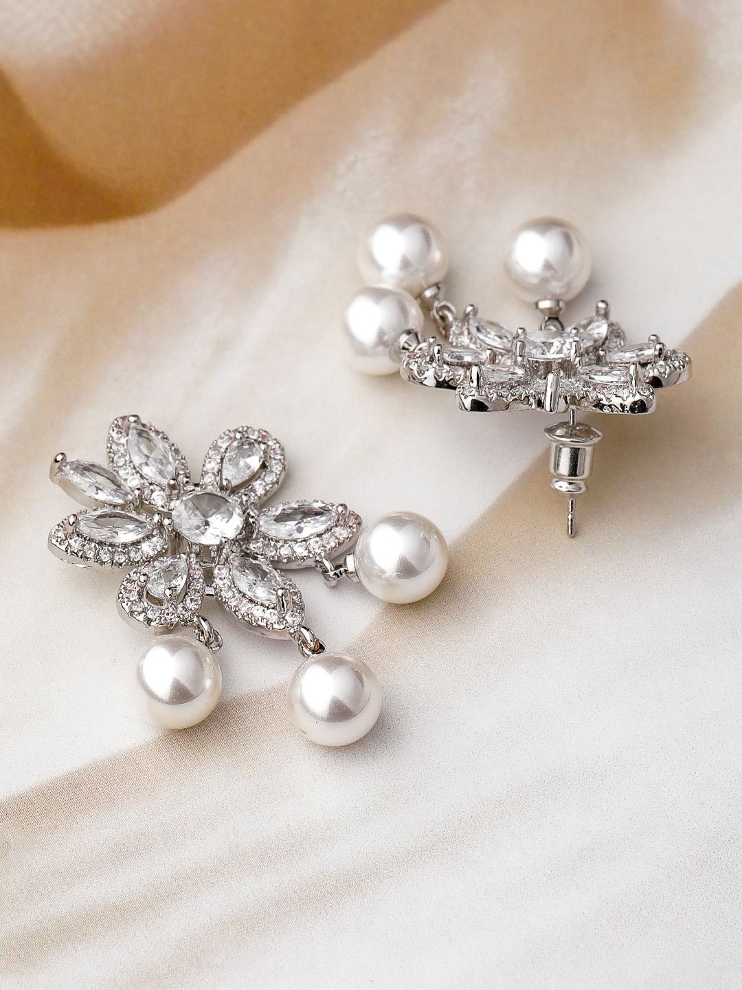 Dhiyona RJ Women's Premium Rhodium-Plated Cubic Zirconia Studded & Pearls Beaded Drop Earrings