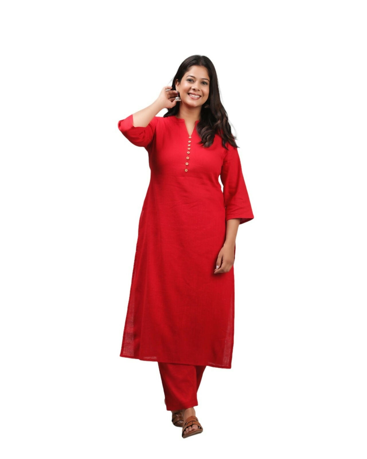 Women's Red Khadi Cotton Solid Print Straight Kurta Pant Set for Women