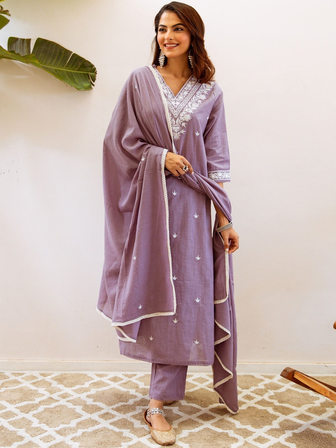 Embroidered Straight Kurta With Trousers & Dupatta