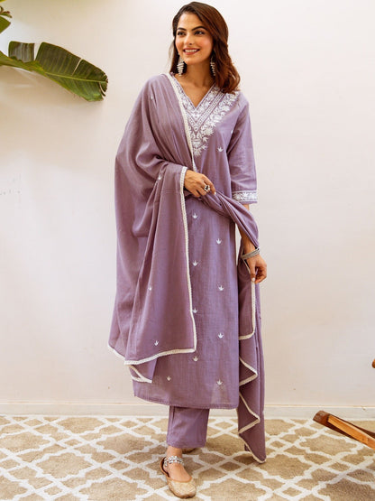 Embroidered Straight Kurta With Trousers & Dupatta