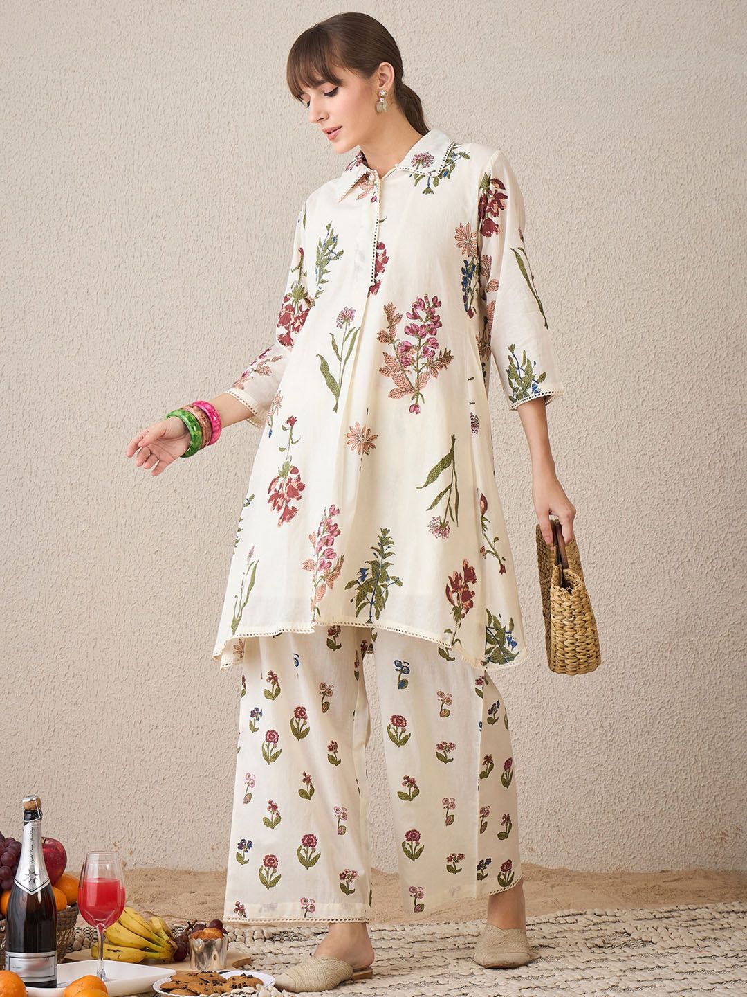 Dhiyona IE Floral Printed Pure Cotton Shirt Collar A-Line Kurta With Palazzos