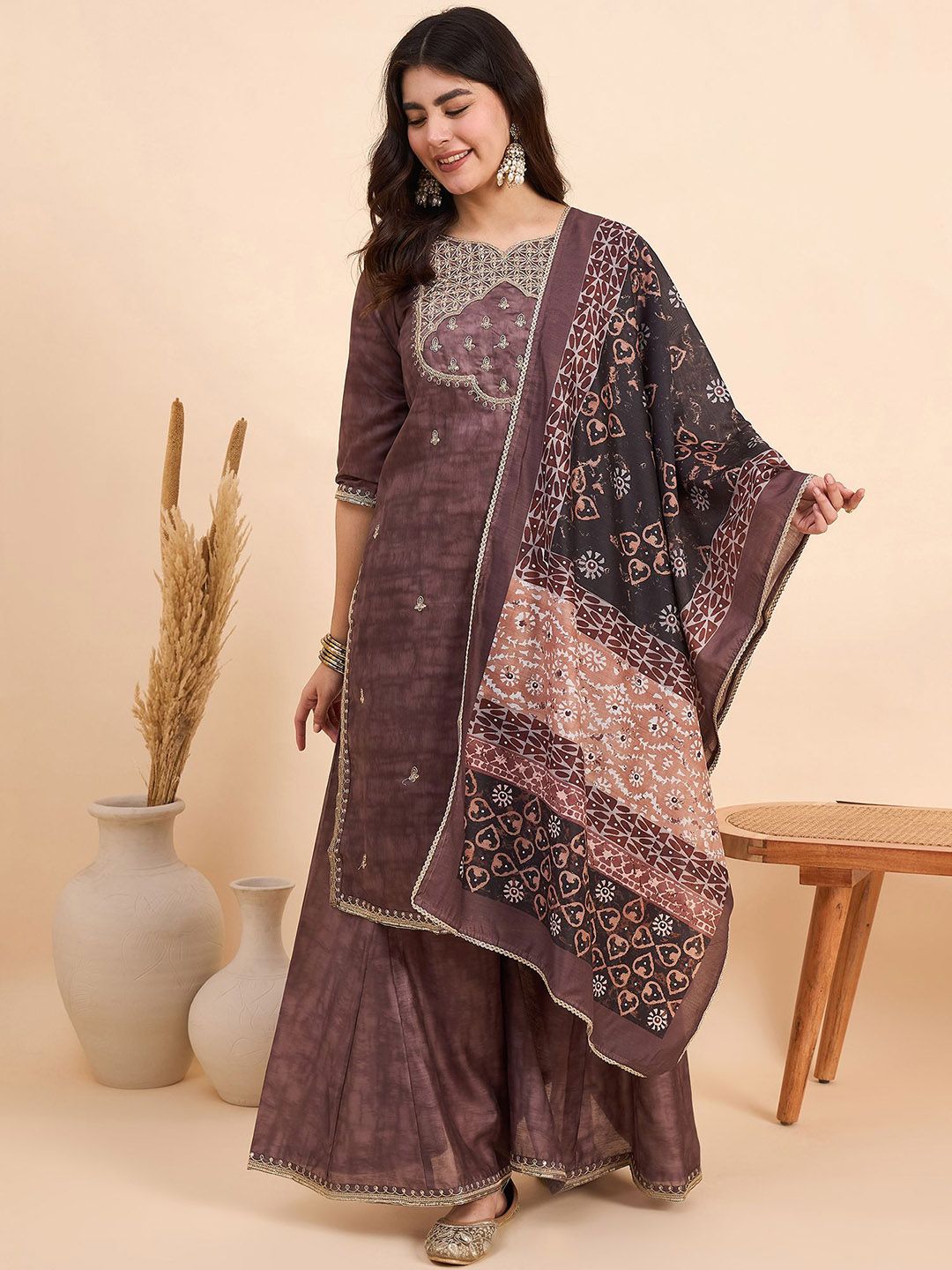 Dhiyona AN Ethnic Motifs Embroidered Sequinned Chanderi Silk Kurta With Sharara & Dupatta