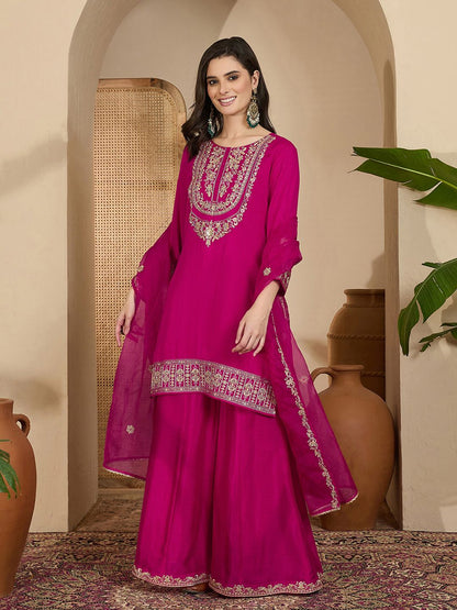 Dhiyona SN Embroidered Sequinned Vichitra Kurta With Palazzo And Dupatta