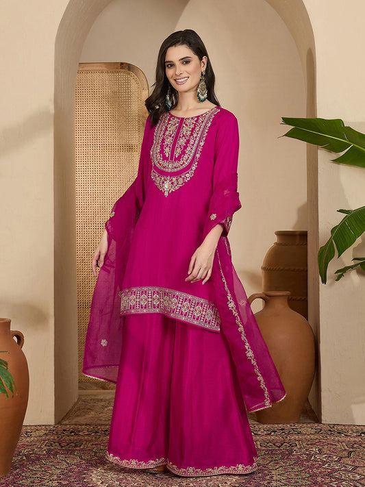 Dhiyona SN Embroidered Sequinned Vichitra Kurta With Palazzo And Dupatta