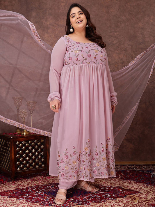 Dhiyona IN Women Plus Size Floral Embroidered Kurta with Trousers & Dupatta
