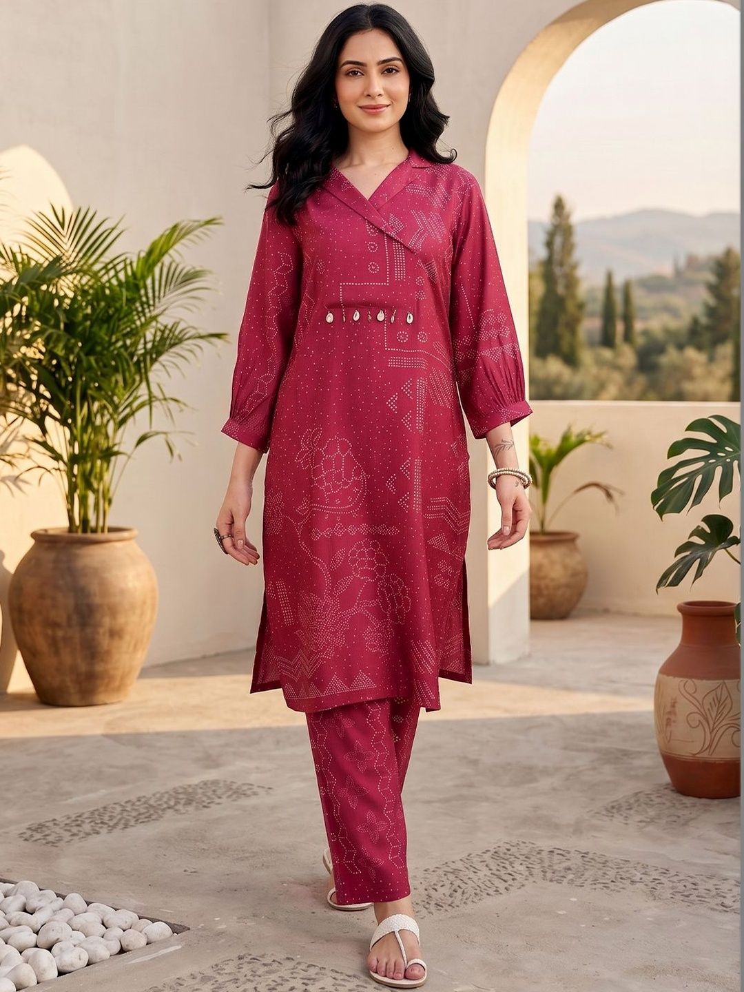 Maroon Women Ethnic Motifs Printed Angrakha Thread Work Chanderi Silk Kurta with Trousers